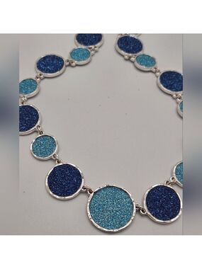 Blue Druzy Quartz Necklace Silver Tone Signed SUNG 16" +3"